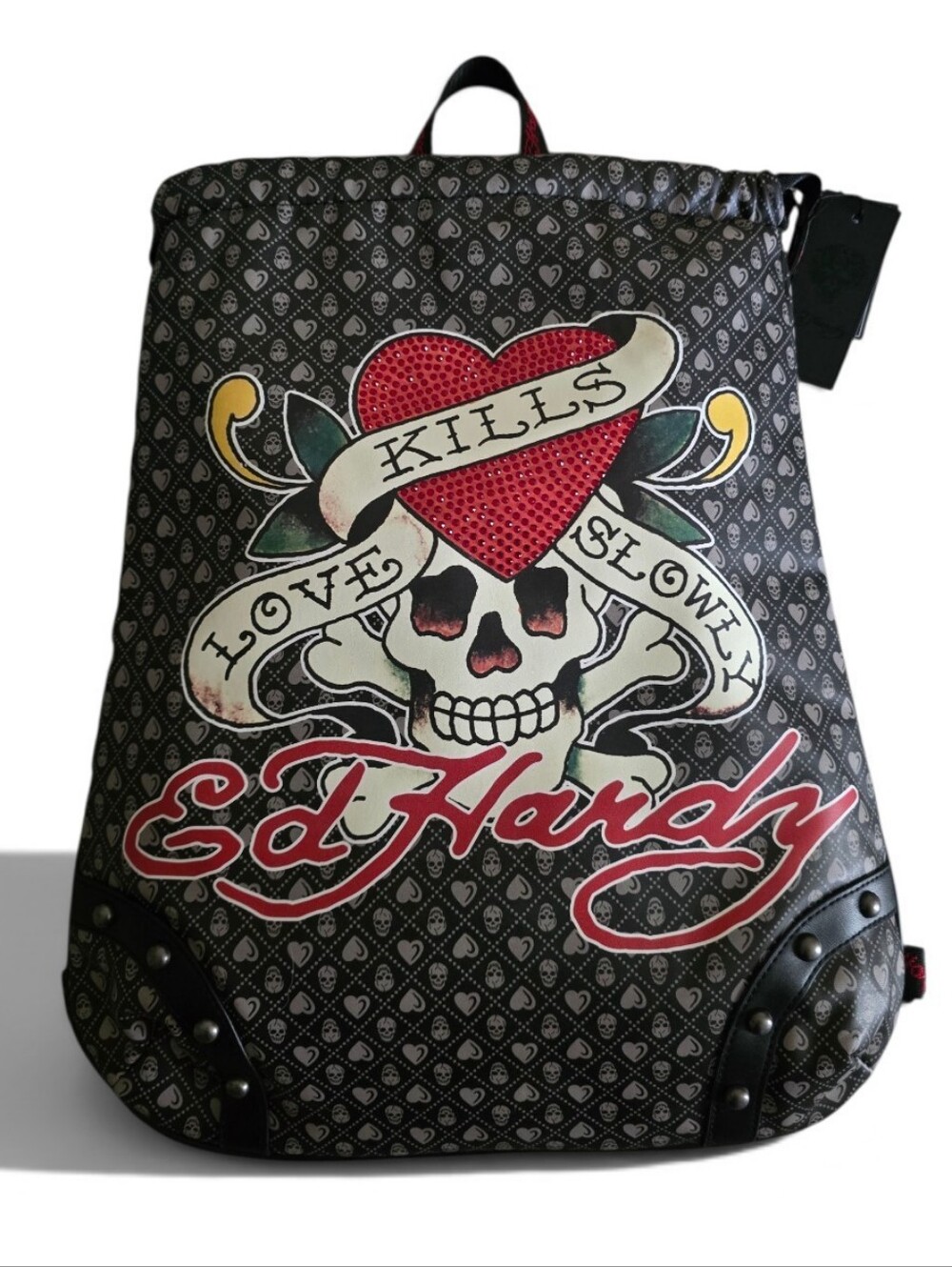 Ed Hardy Love Kills Slowly Skull & Rhinestone heart Drawstring Backpack Y2K